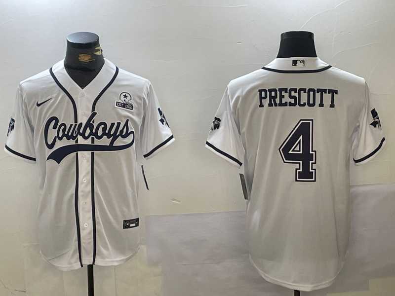 Mens Dallas Cowboys #4 Dak Prescott White With 1960 Patch Cool Base Stitched Baseball Jersey